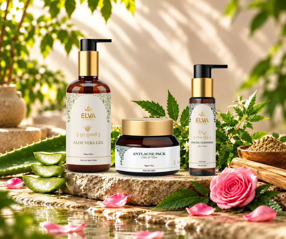 Three skincare products from ELWA are arranged on a stone slab in a garden setting: Aloe Vera Gel in an amber bottle, Anti-Acne Pack in a jar, and Royal Garment in a smaller bottle, surrounded by aloe vera, rose petals, and green leaves.