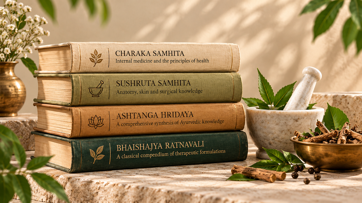 A stack of four traditional Indian texts on a stone surface, styled with herbs, a mortar and pestle, and a brass bowl. The spines read Charaka Samhita, Sushruta Samhita, Ashtanga Hridaya, and Bhaishajya Ratnavali.