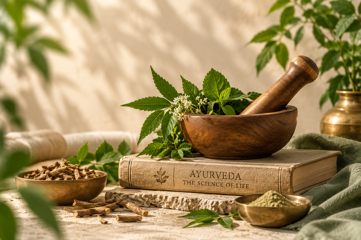 A styled still life featuring a wooden mortar and pestle filled with green leaves and small white flowers, resting on a book labeled 'AYURVEDA THE SCIENCE OF LIFE'. Surrounding props include a brass bowl with dried roots, a small dish of green powder, loose bark pieces, and green foliage against a warm beige background.