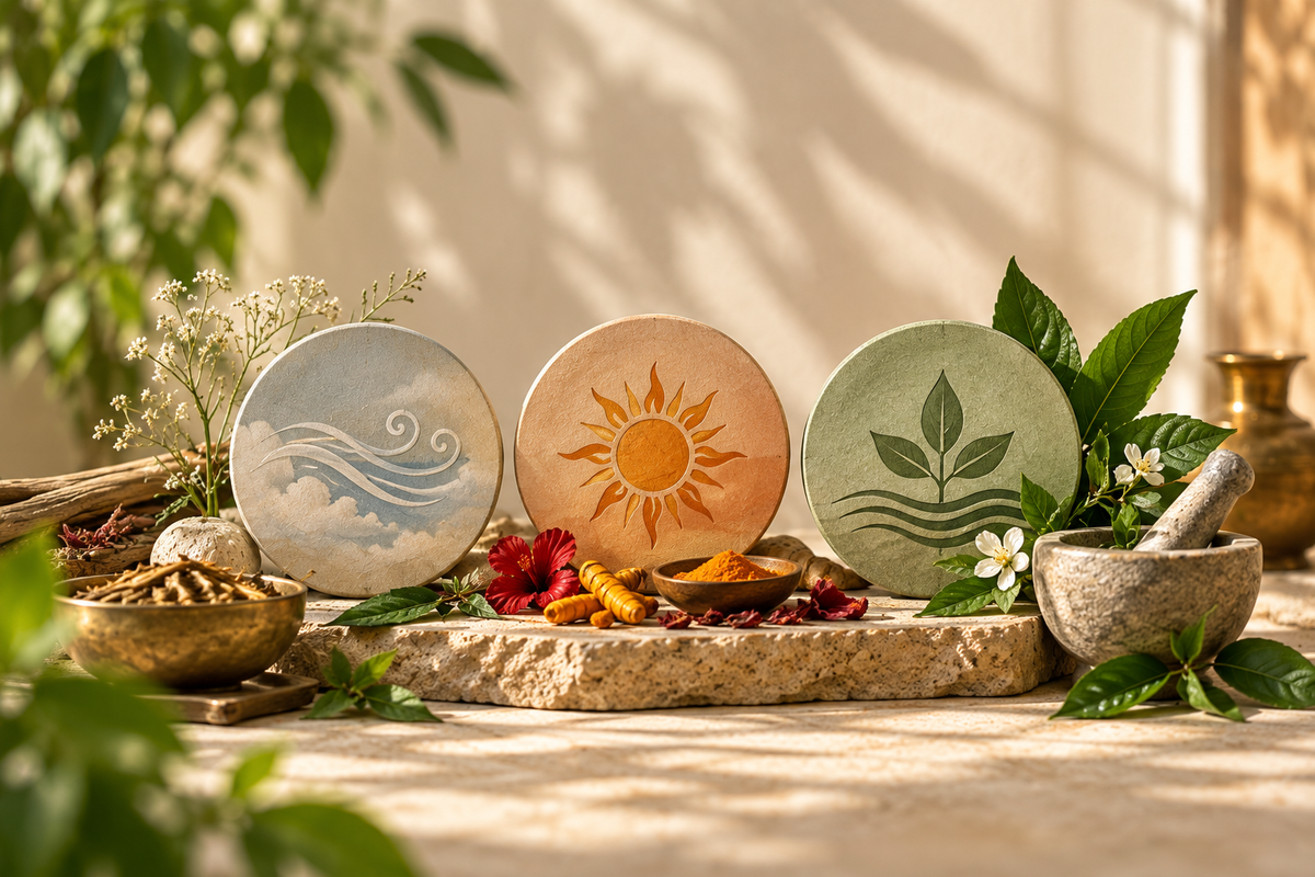 Three round decorative plates with hand-painted designs are arranged on a stone slab with herbs, flowers, and a mortar and pestle in a warm, natural setting.