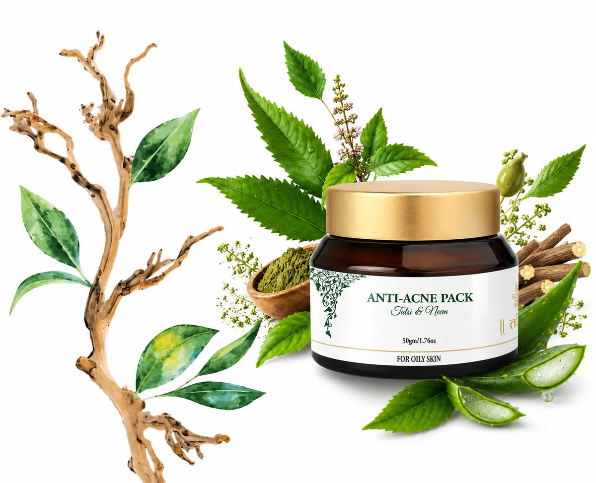 An amber glass jar labeled 'ANTI-ACNE PACK' with a gold lid, surrounded by illustrated green leaves, aloe slices, a small bowl of green powder, and a decorative brown branch on a white background.