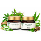 ELVA ORGANIC Tvak Shuddhi Anti-Acne Combo featuring 50g Neem and Tulsi face pack and 50g Aloe Vera anti-acne gel for oily skin.
