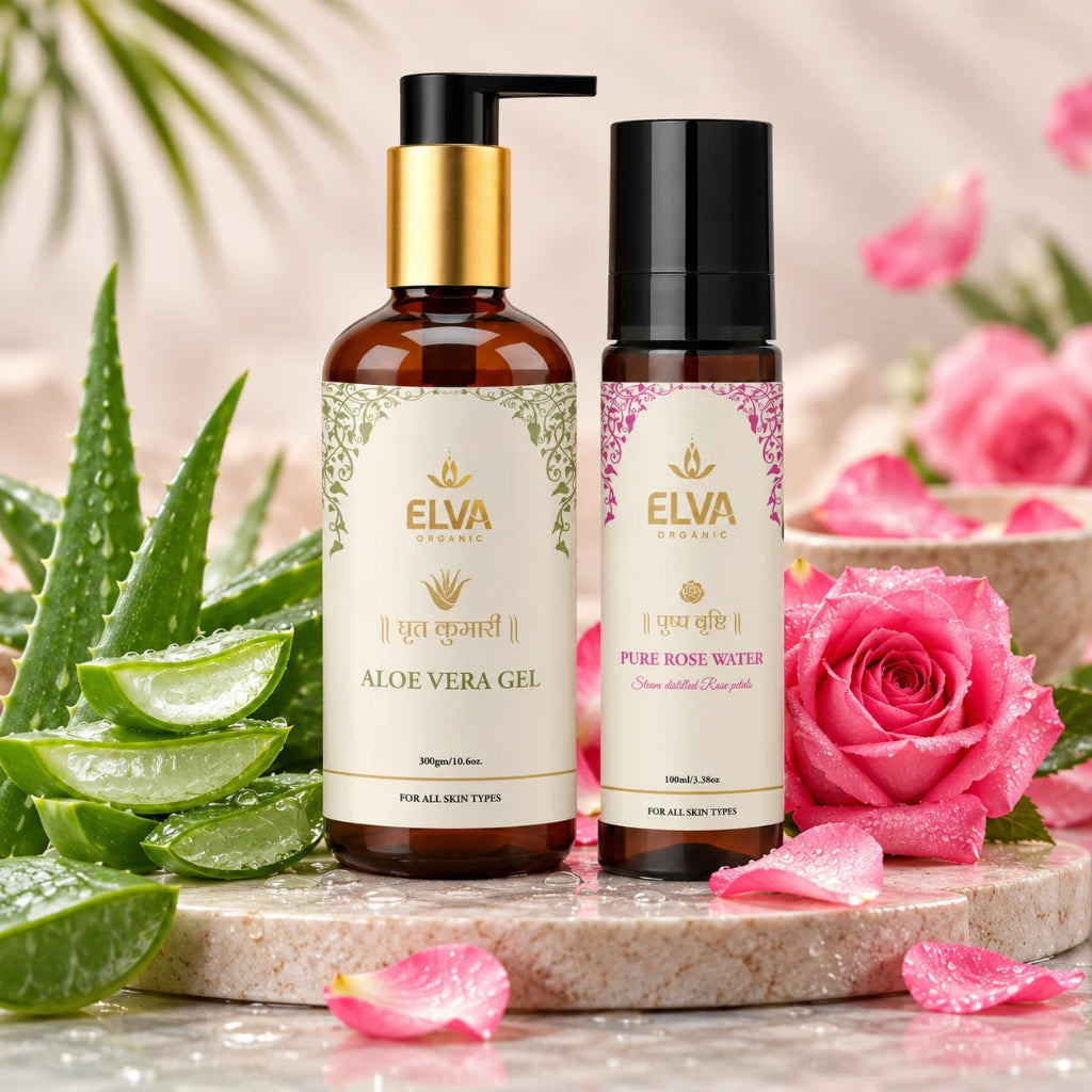 The combo contains 100 ml of Pushpa-Vrishti Rose Water and 300 g of Ghrita-Kumari Aloe Vera Gel.