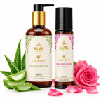 ELVA Organic Rose Water and Aloe Vera Gel Combo with 100 ml rose water and 300 g aloe vera gel on a white background.