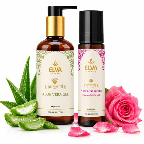 ELVA Organic Rose Water and Aloe Vera Gel Combo with 100 ml rose water and 300 g aloe vera gel on a white background.
