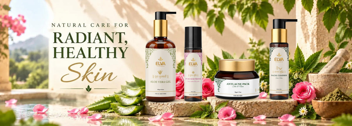 A group of ELVA Natural Care skincare products arranged on a stone surface with green leaves, pink flowers, and a warm outdoor-style background. The products include an amber bottle, a small black bottle, a black pump bottle, a round jar, and a gold-lidded bottle, with the text 'NATURAL CARE FOR RADIANT, HEALTHY Skin' on the left.