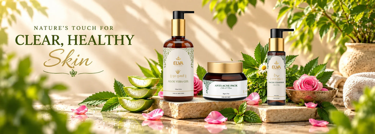 Three ELVA skincare products arranged on a stone slab with aloe vera, pink roses, and green leaves in a warm, sunlit natural setting. The products include a pump bottle, a jar, and a smaller bottle, with the text 'Nature's Touch for Clear, Healthy Skin' on the left.