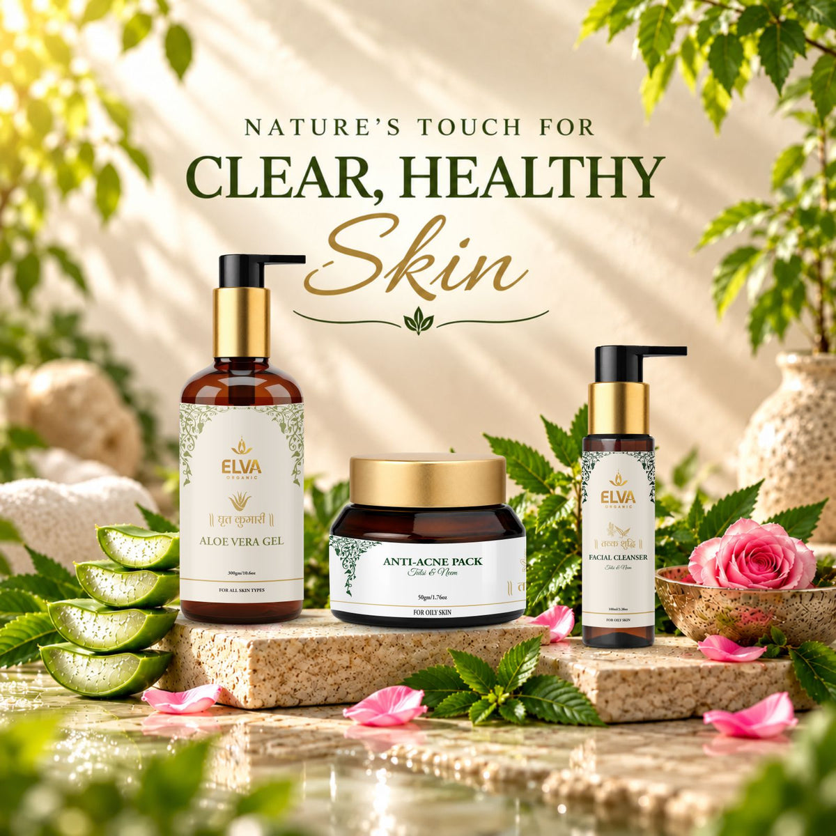 Three ELVA skincare products are arranged on a stone slab with a natural background: an amber bottle of aloe vera gel, an anti-aging cream jar with a gold lid, and a facial cleansing bottle. The scene is styled with green leaves, pink rose petals, sliced aloe vera, and a pink rose.