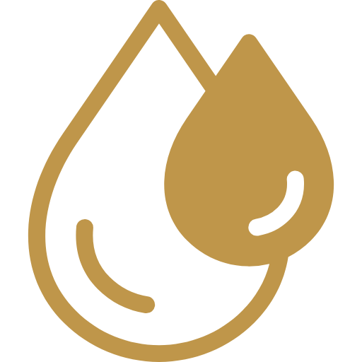 A minimalist gold water droplet icon with a white curved accent on a solid black background.